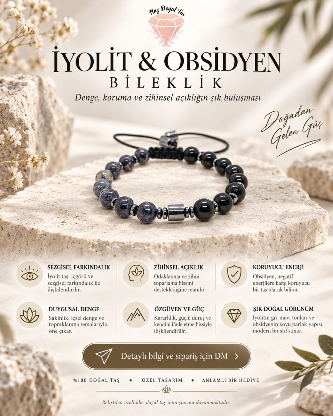 İyolit ve Obsidyen Taşı Makrome Bileklik