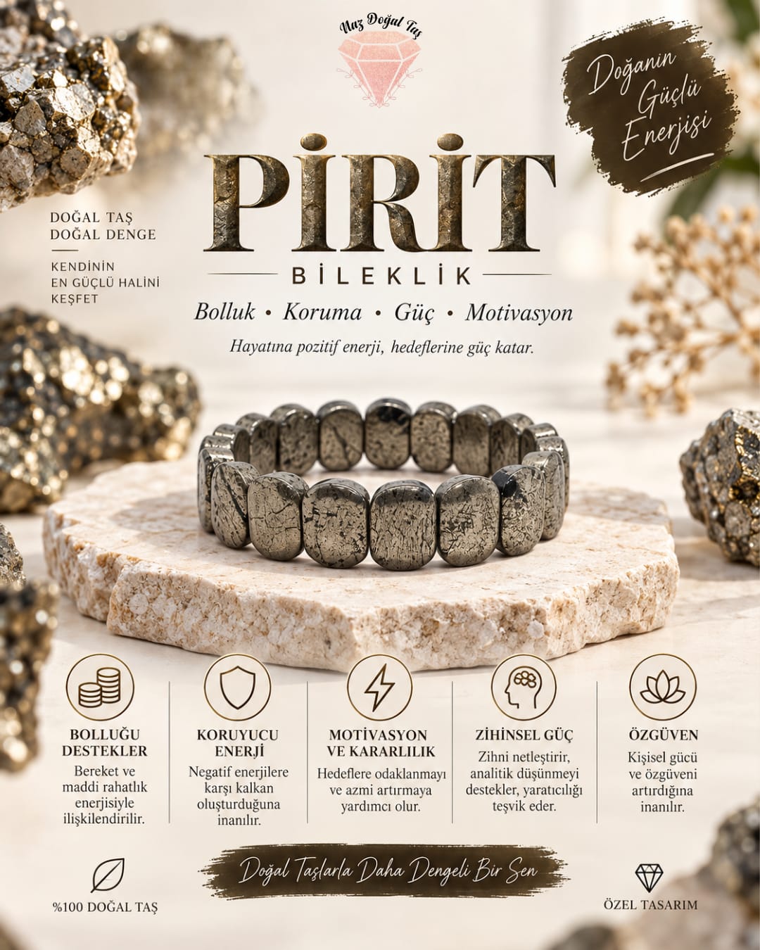 Pirit Taşı Rolex Kesim Bileklik