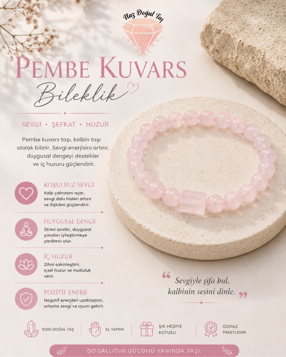 Pembe Kuvars Silindir ve Küre Kesim Bilekliği
