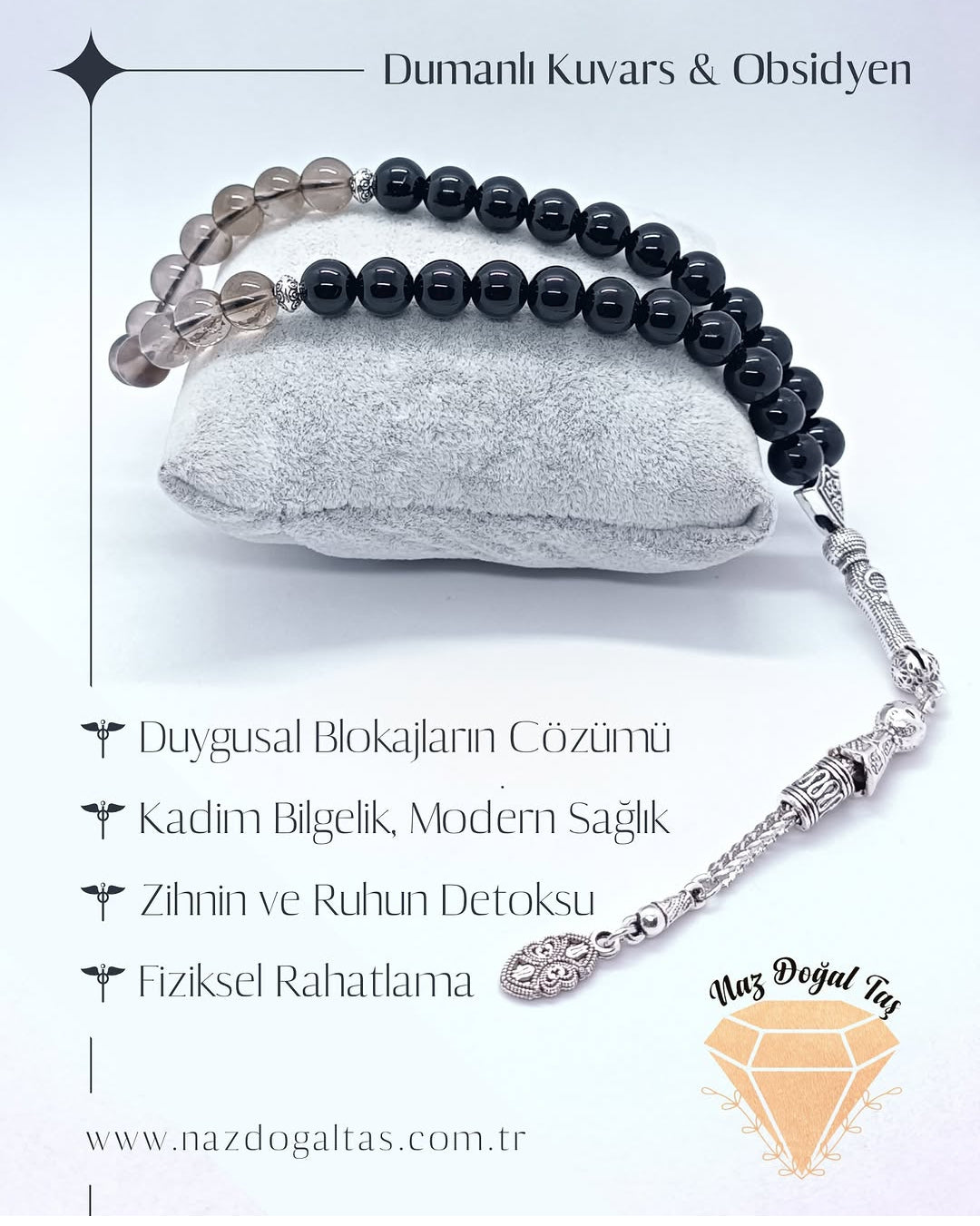 Obsidyen Dumanlı Kuvars Tesbih