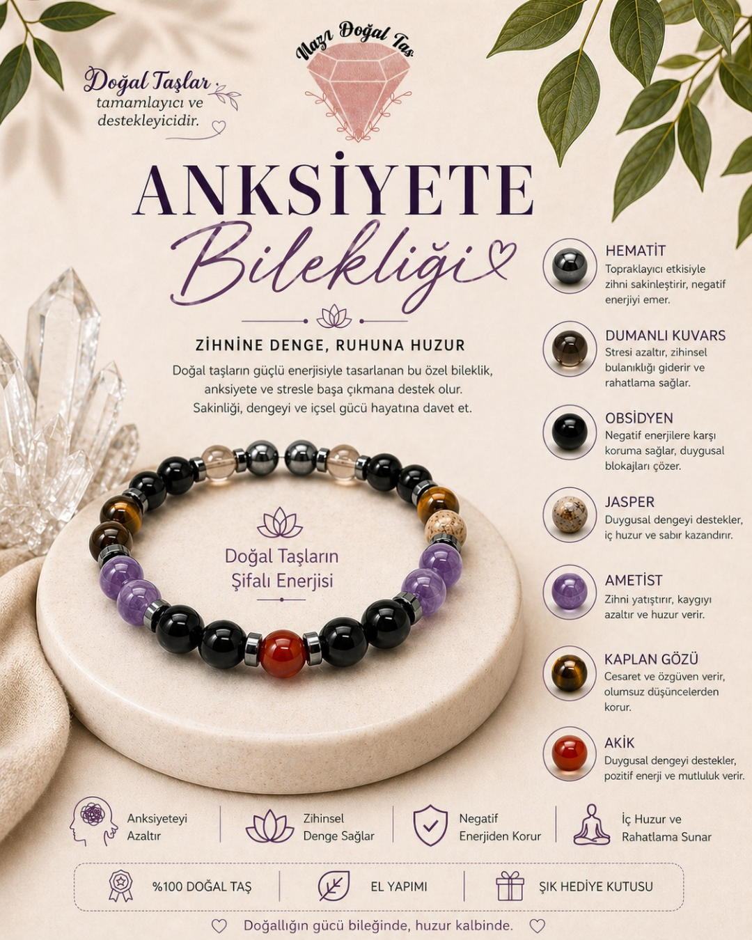 Anksiyete Bilekliği | Hematit, Ametist, Obsidyen, Kaplan Gözü Doğal Taş
