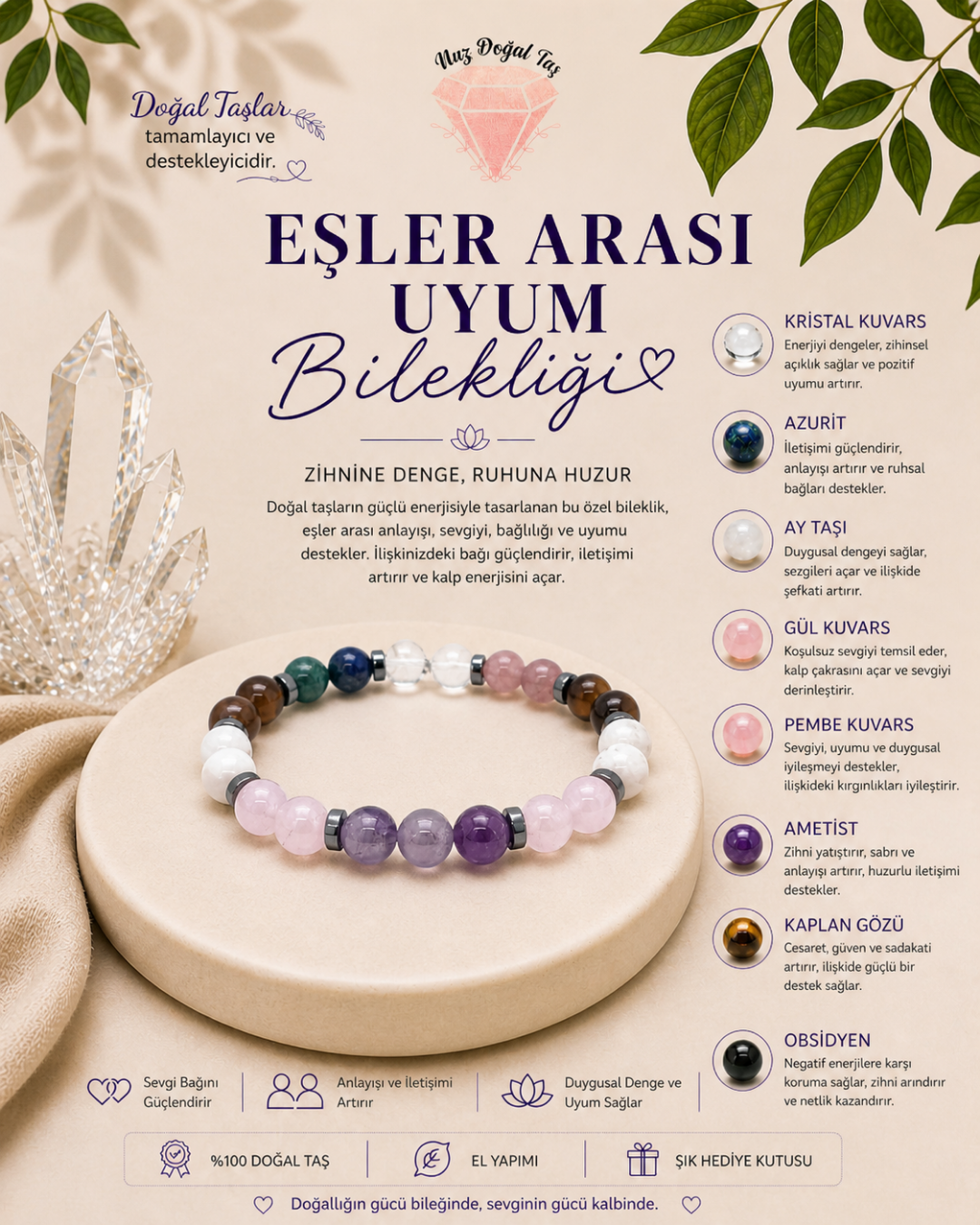 Eşler Arası Uyum Bilekliği | Kristal Kuvars, Ametist, Gül Kuvars Doğal Taş