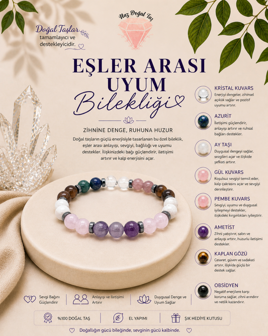 Eşler Arası Uyum Bilekliği | Kristal Kuvars, Ametist, Gül Kuvars Doğal Taş