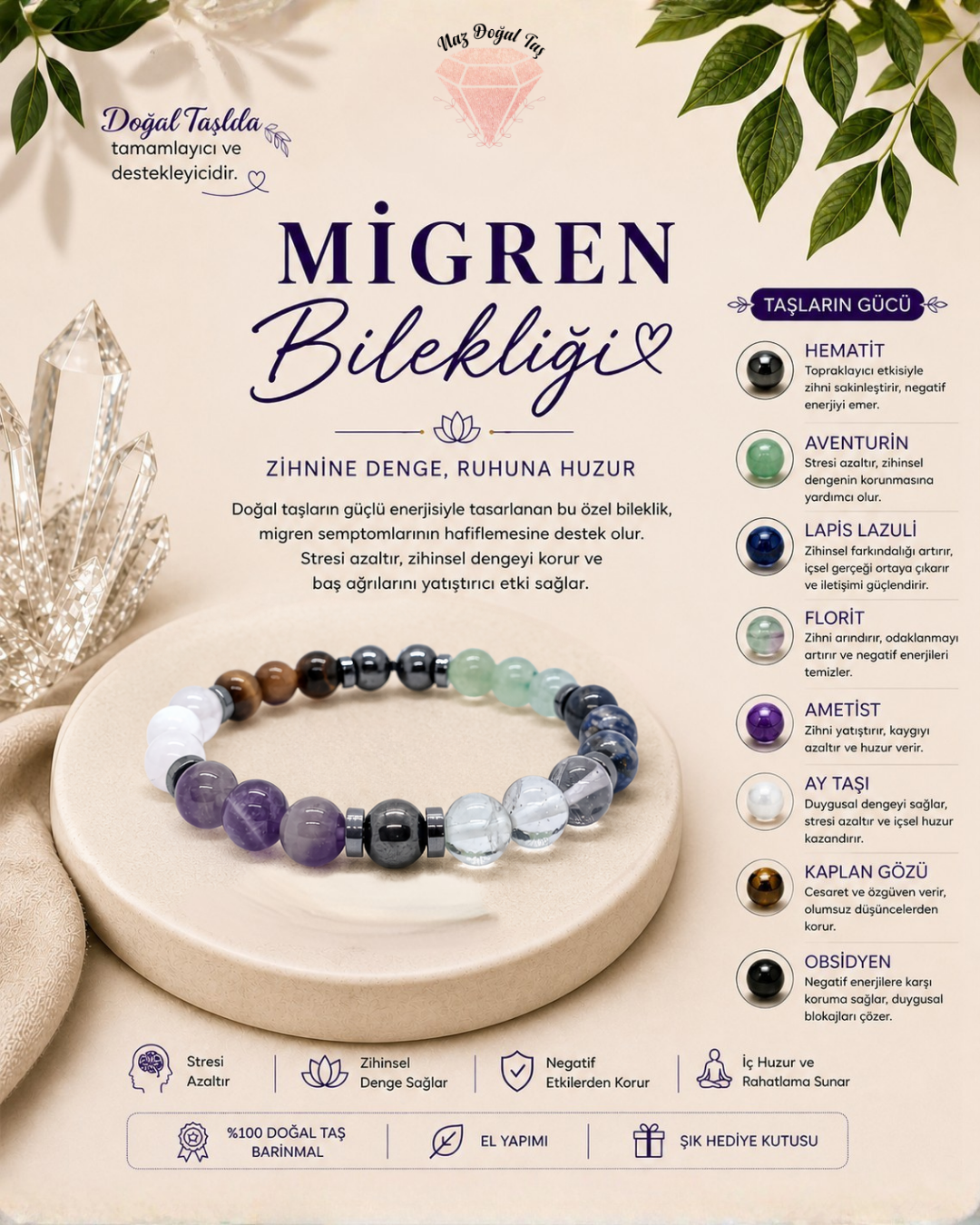 Migren Bilekliği | Hematit, Ametist, Lapis Lazuli, Labradorit Doğal Taş