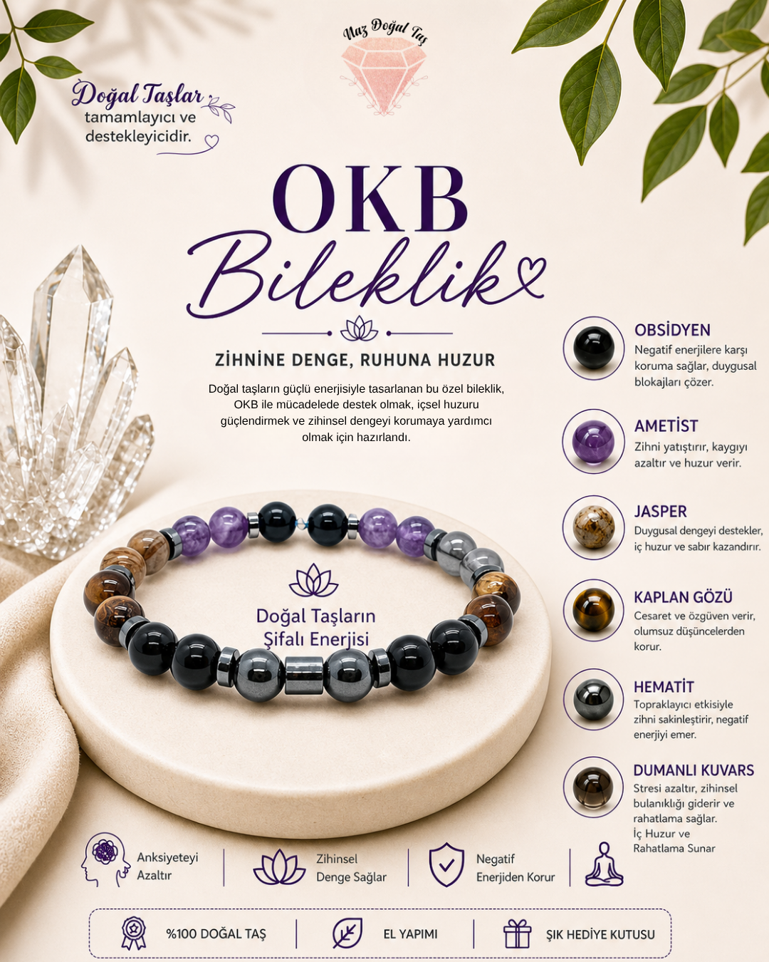 OKB Bileklik | Obsidyen, Ametist, Kaplan Gözü, Hematit Doğal Taş