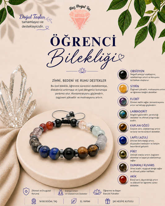 Öğrenci Bilekliği | Obsidyen, Sitrin, Florit, Lapis Lazuli Doğal Taş