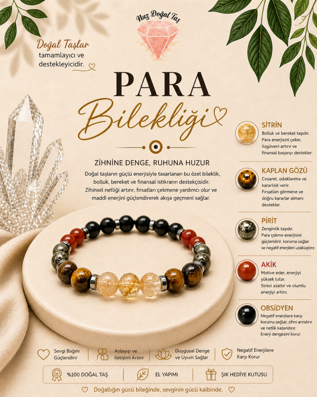 Para Bilekliği | Sitrin, Kaplan Gözü, Pirit, Akik Doğal Taş