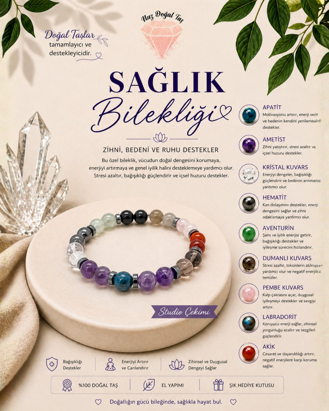 Sağlık Bilekliği | Apatit, Ametist, Kristal Kuvars, Hematit Doğal Taş