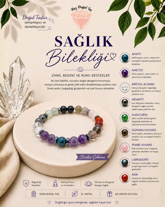 Sağlık Bilekliği | Apatit, Ametist, Kristal Kuvars, Hematit Doğal Taş