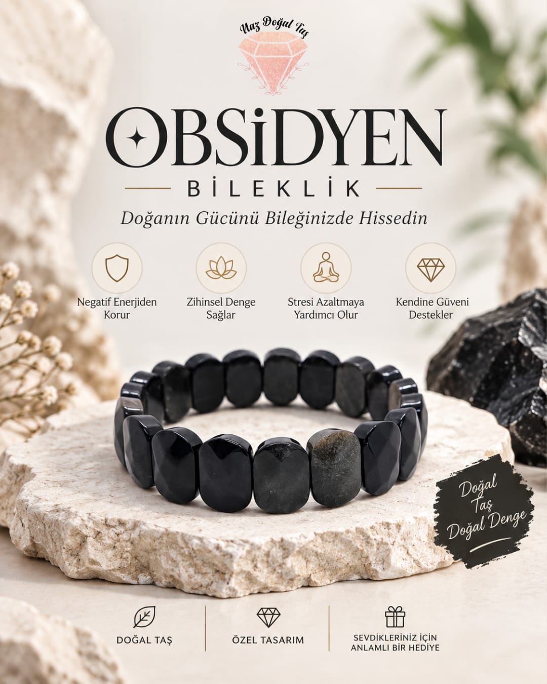 Obsidyen Taşı Rolex Kesim Bileklik
