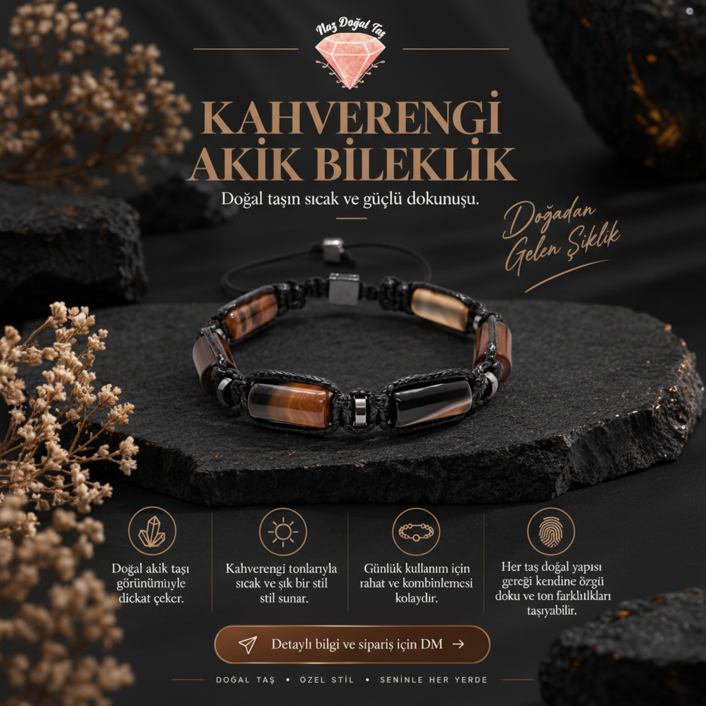 Lüks siyah obsidyen fonda kahverengi akik bileklik