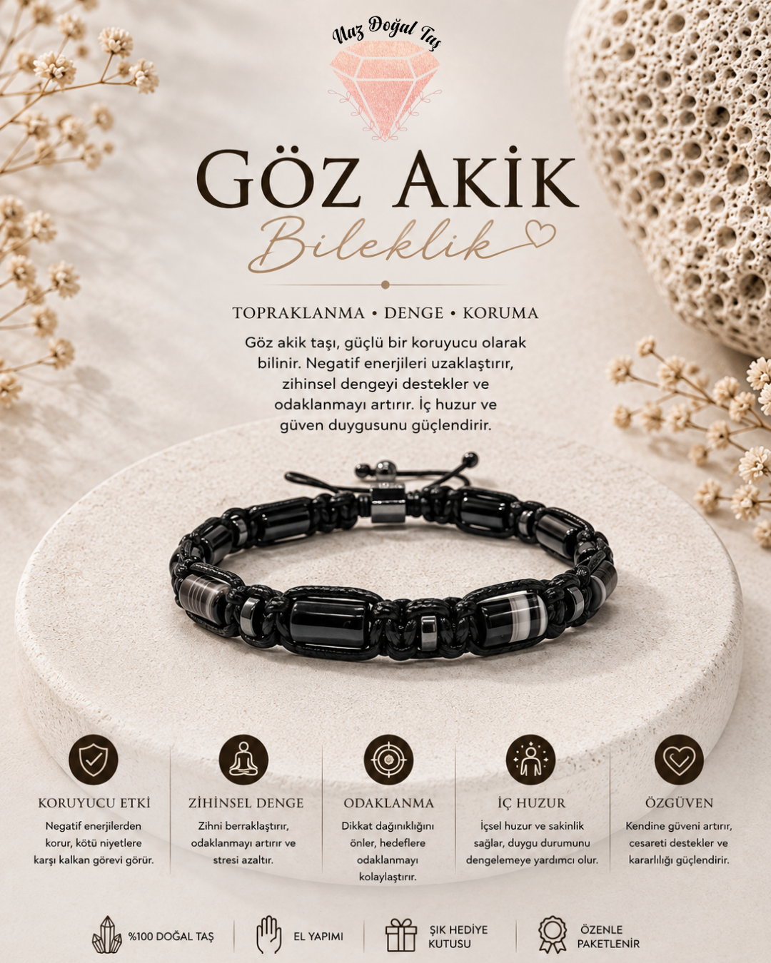 Silindir Makrome Göz Siyah Akik